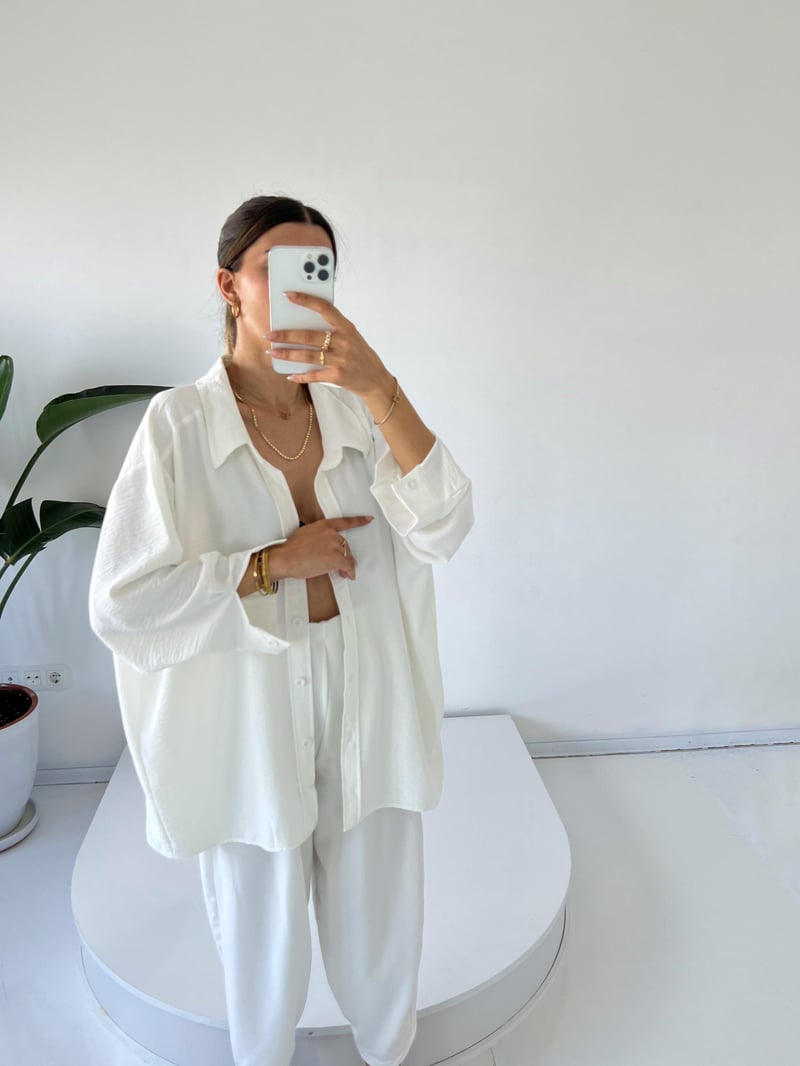 Beyaz Ayrobin  Premium Oversize Gömlek 