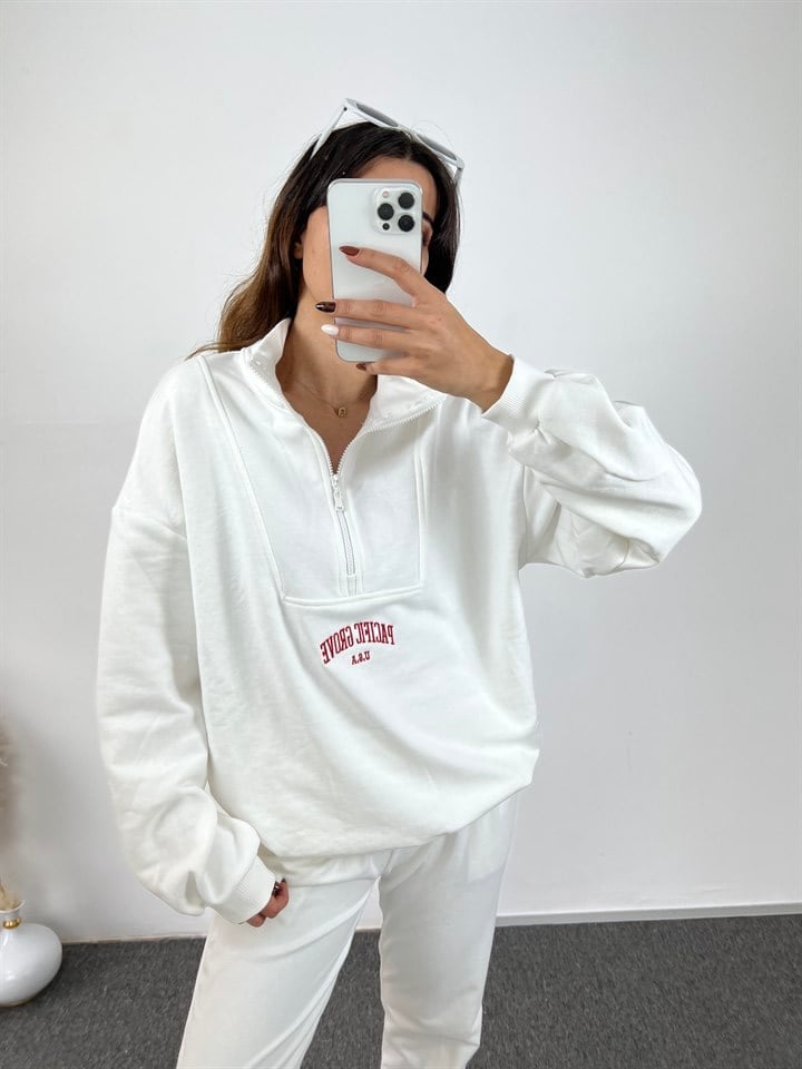 Beyaz Fermuarlı Muadil Sweatshirt