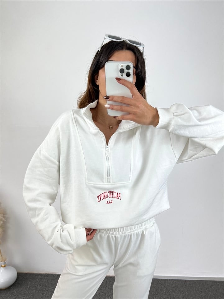 Beyaz Fermuarlı Muadil Sweatshirt