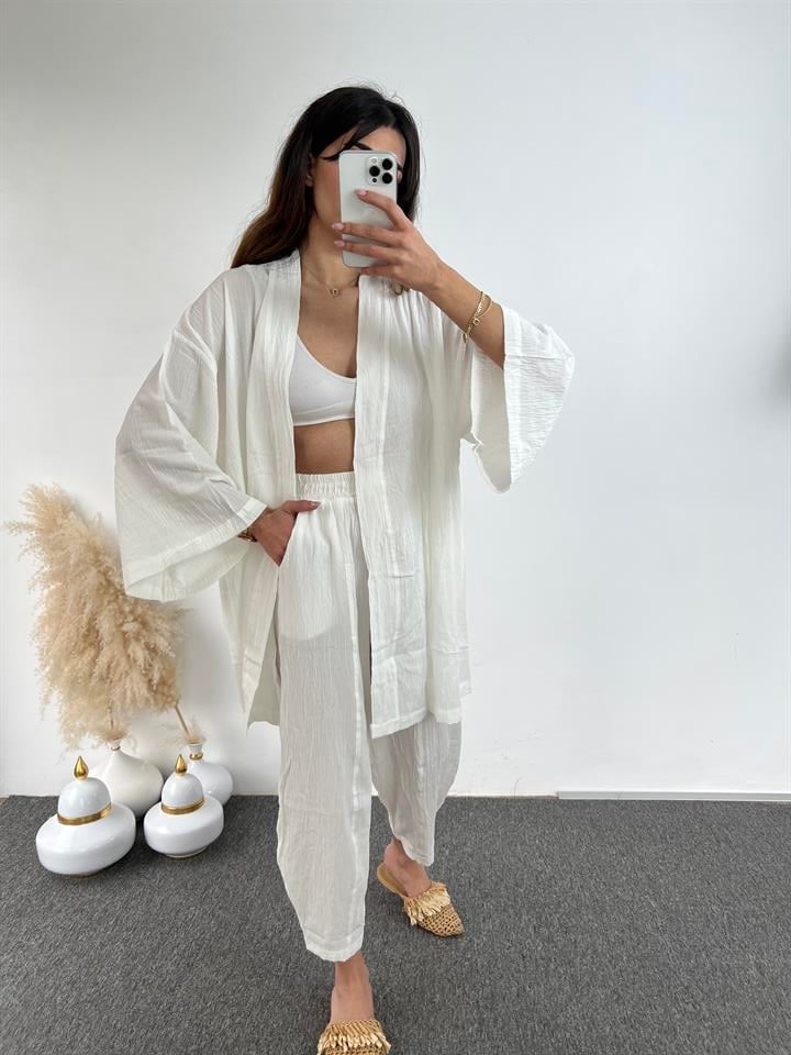 Beyaz Gofre Kimono Takım 