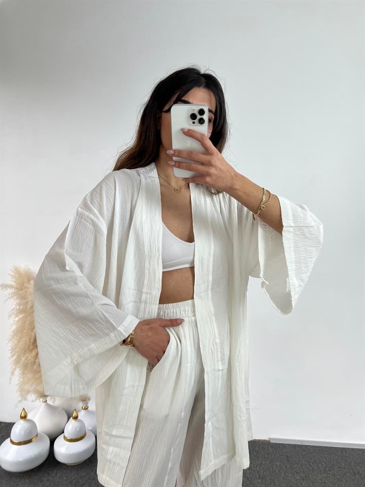 Beyaz Gofre Kimono Takım 