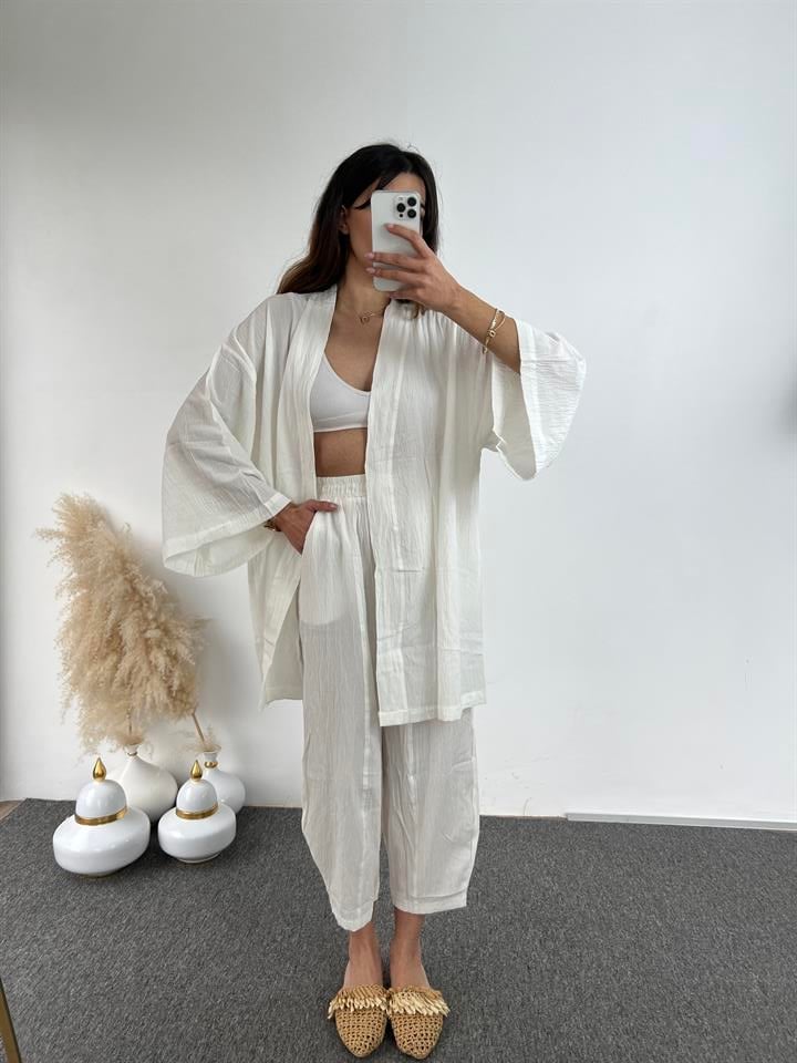 Beyaz Gofre Kimono Takım 