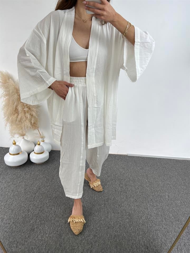 Beyaz Gofre Kimono Takım 