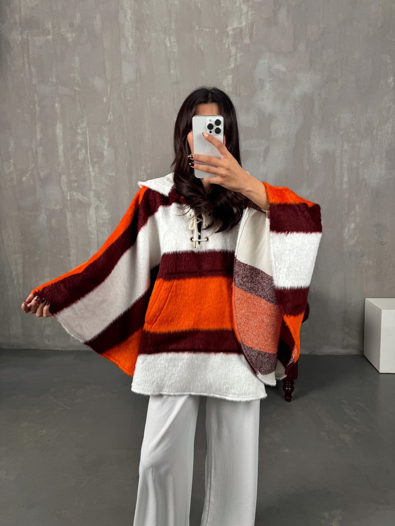 Ludo Turuncu Beyaz Karışımlı Kapüşonlu Panço Hırka