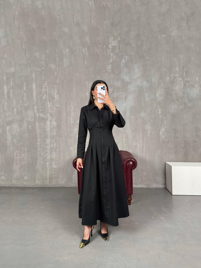 Ritmo Black Front Buttoned Pocket Gabardine Dress