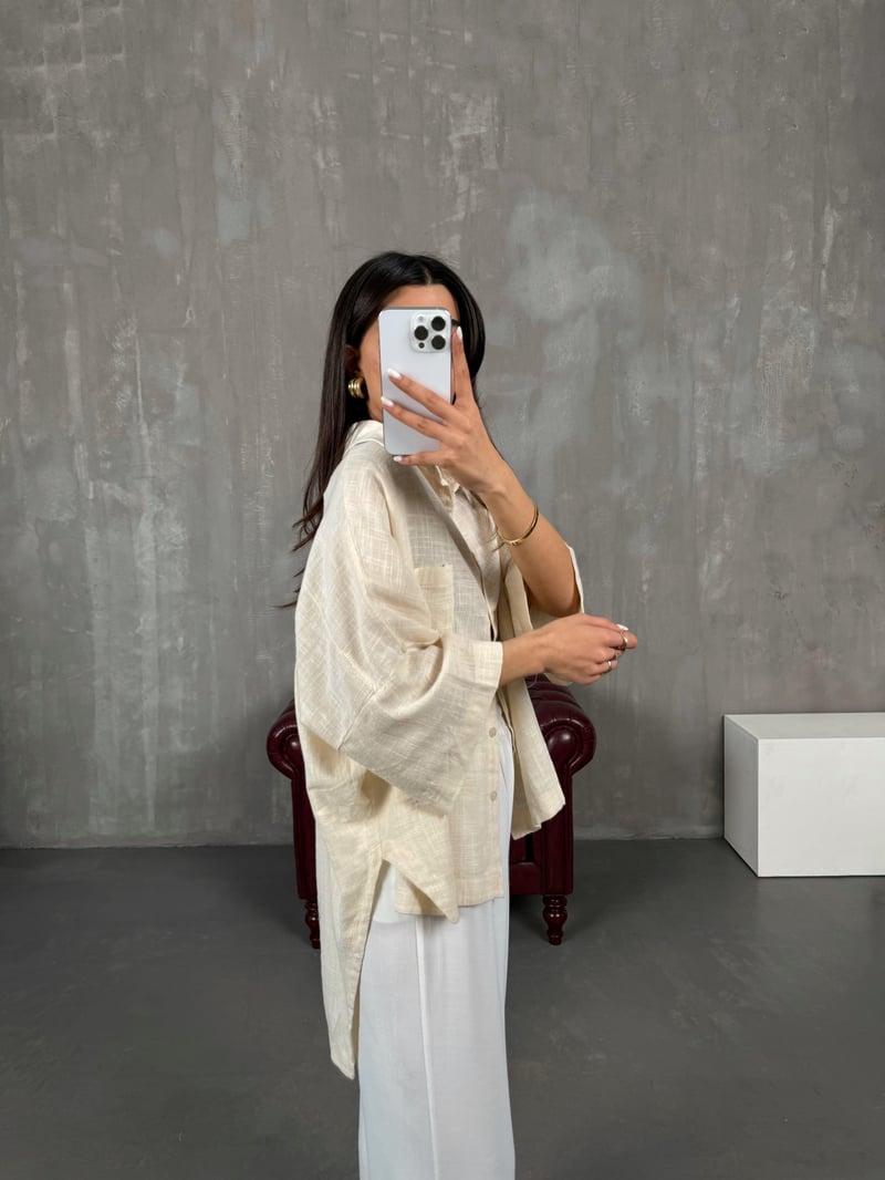 Krem Kısa Kollu Keten Oversize Gömlek Gaus00065