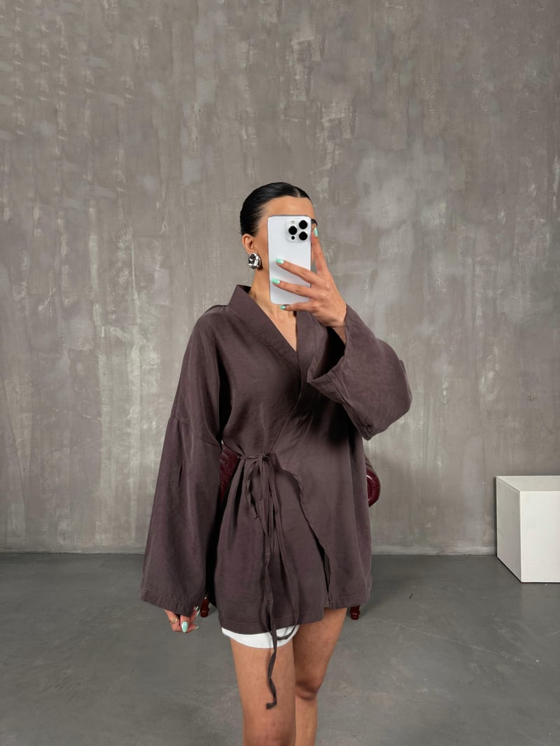Acı Kahve Önden Bağlamalı Tensel Kimono Gaus00240