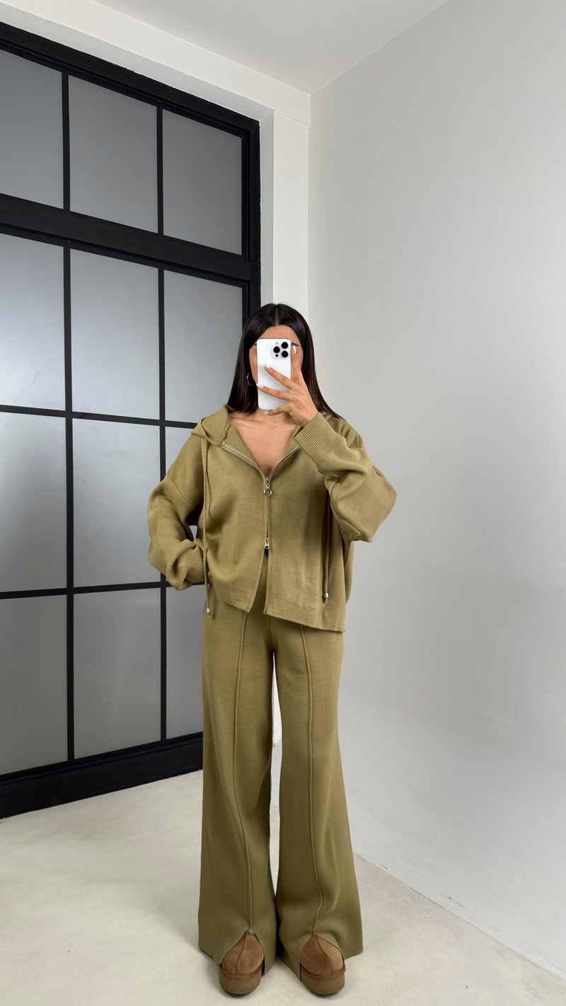 Haki Kapüşonlu Hırka Beli Lastikli Pantolon İkili Triko Takım GAUS-00564