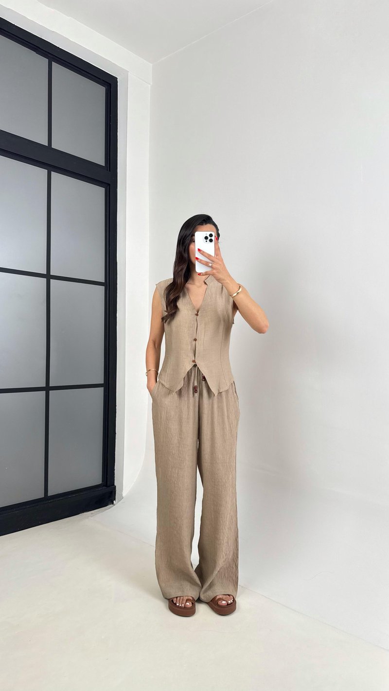 Sütlü Kahve Önü Düğmeli Yelek Beli Lastikli Pantolon Gofre Takım Gaus00454