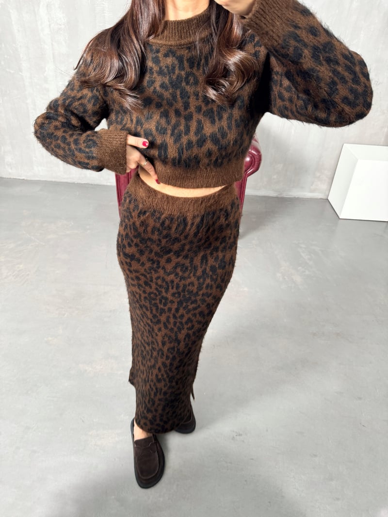 Fino Kahve Sakallı Leopar Desenli Triko Etekli Takım
