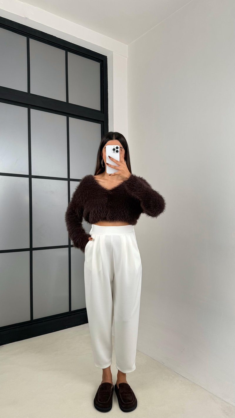 Beyaz Beli Lastikli Modal Kumaş Şalvar Pantolon GAUS-00210