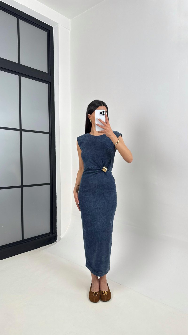 Lacivert Yıkamalı Gold Detaylı Yırtmaçlı Denim Elbise DNM01 Gaus00375