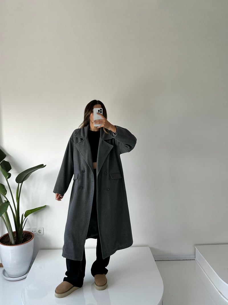 Bronte Gri Oversize Astarlı Kaban