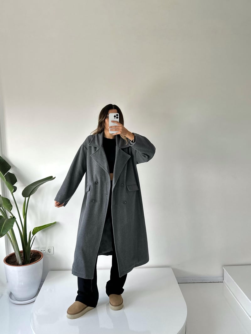 Bronte Gri Oversize Astarlı Kaban
