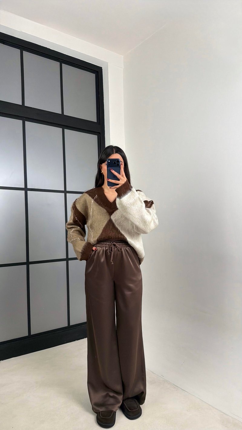 Kahve Beli Lastikli Saten Pantolon GAUS-00696