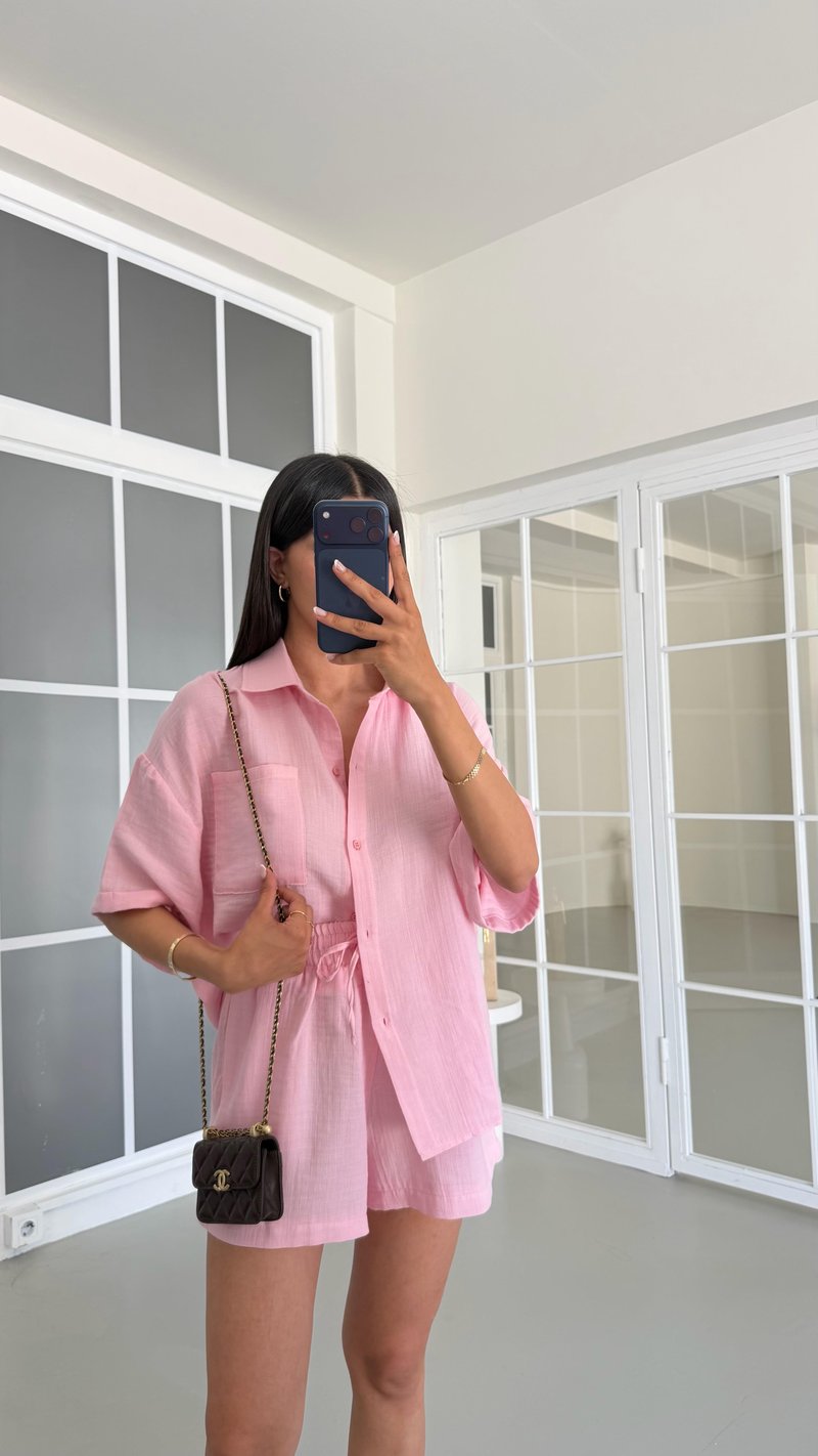 Pembe Gömlek Şort İkili Müslin Takım GAUS-01671
