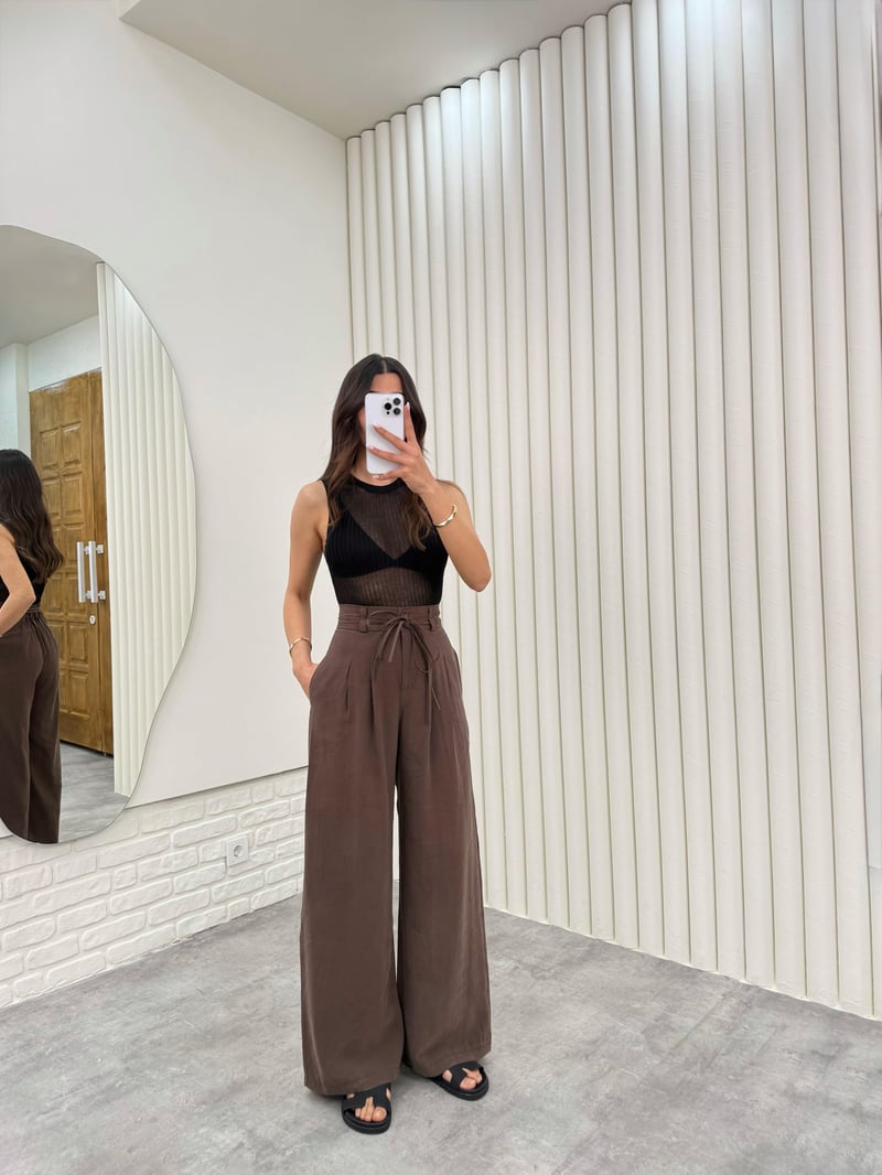 Kahve Çift Kuşaklı Tensel Kırışık Kumaş Palazzo Pantolon Gaus00302