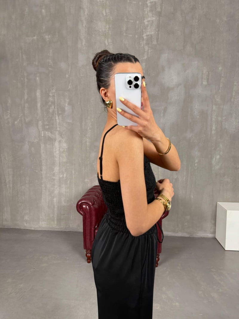 Siyah Nakışlı Askılı Büstiyer Crop Gaus00120