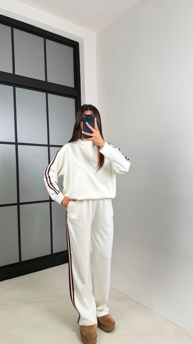 Ekru Şerit Detaylı Sweatshirt Beli Lastikli Eşofman İkili Modal Takım GAUS-00621