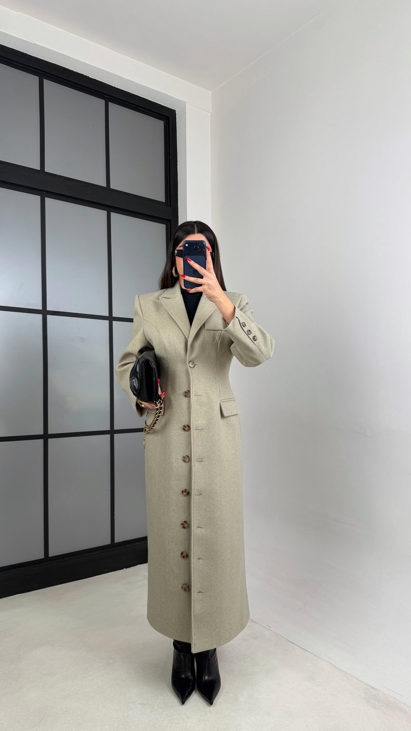 Yeşil Önü Düğmeli Vatkalı Astarlı Premium Kaşe Kaban Gaus-01030