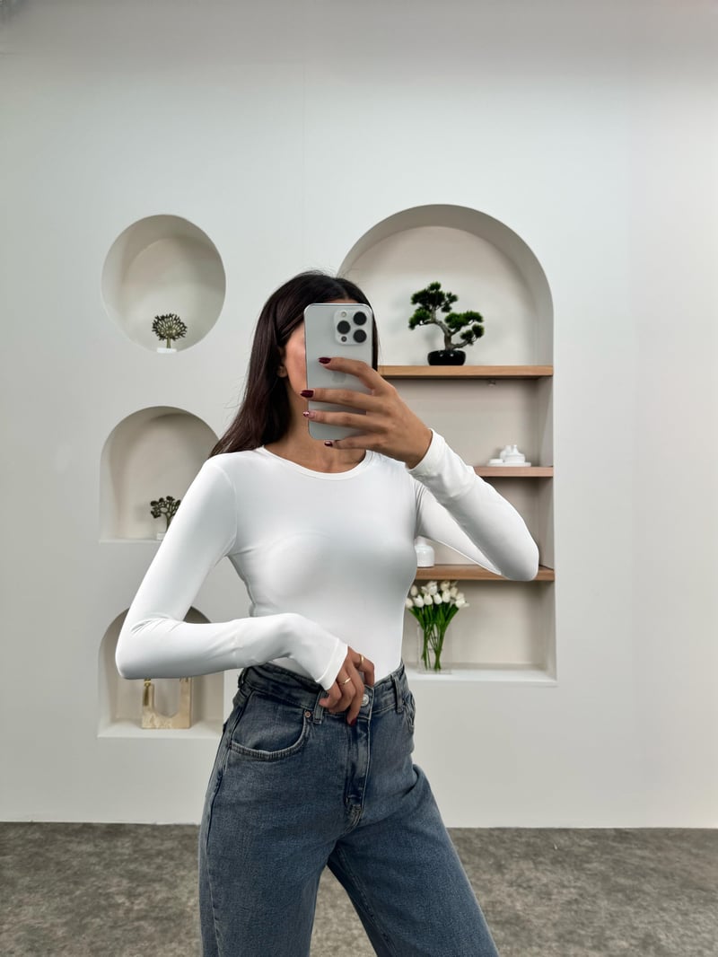 Beyaz Bisiklet Yaka Bodysuit