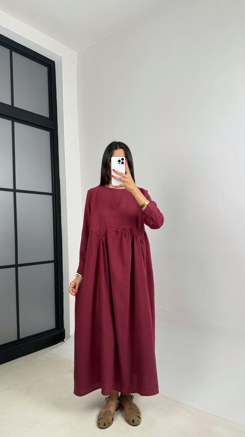 Bordo Altı Balon Uzun Kol Cep Detaylı Tencel Pinterest Elbise GAUS-0025
