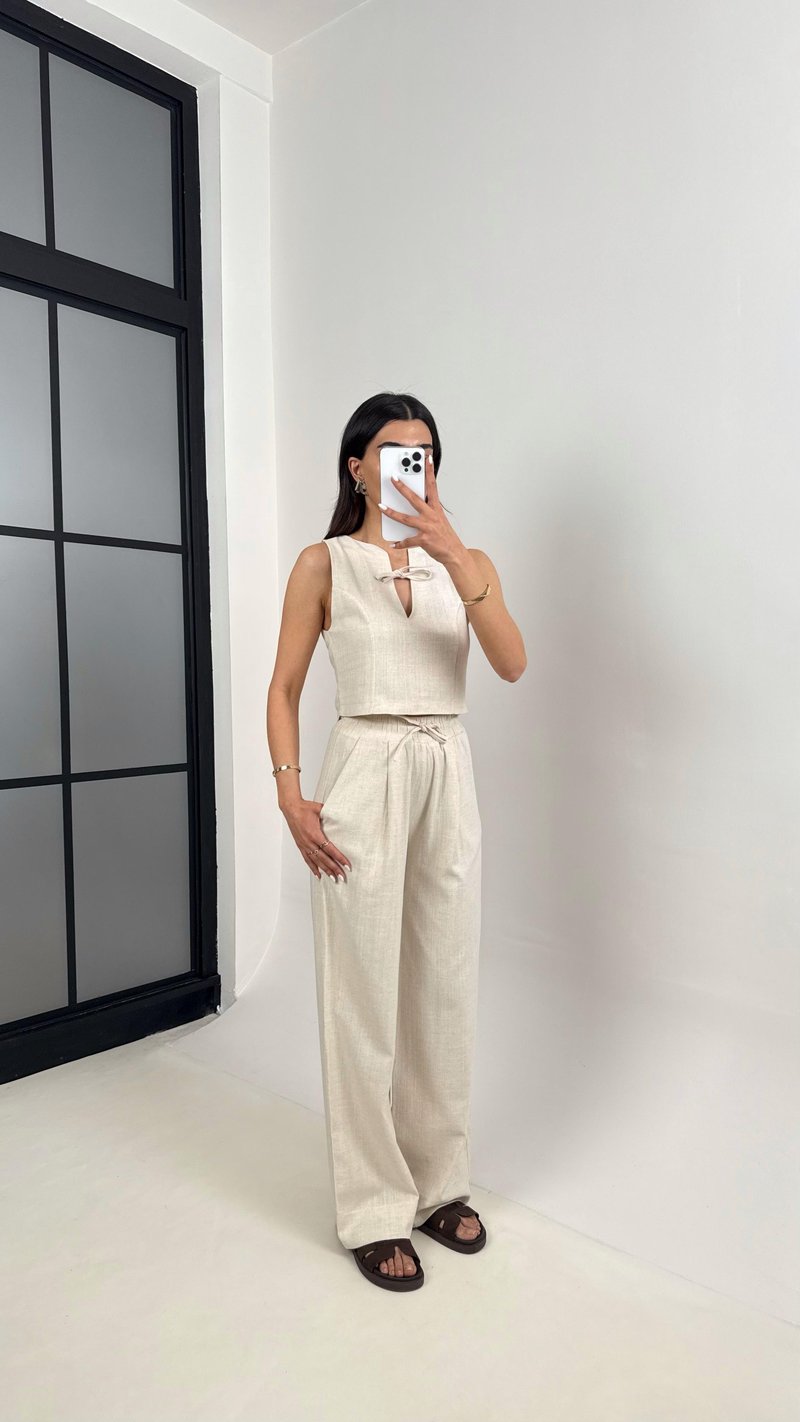 Taş Yaka Bağlama Detaylı Üst Beli Lastikli Cepli Pantolon ZR Muadil Keten Takım Gaus00398