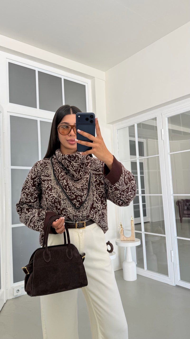 Kahve Çıkarabilir Fularlı Jakarlı Kazak GAUS-02063