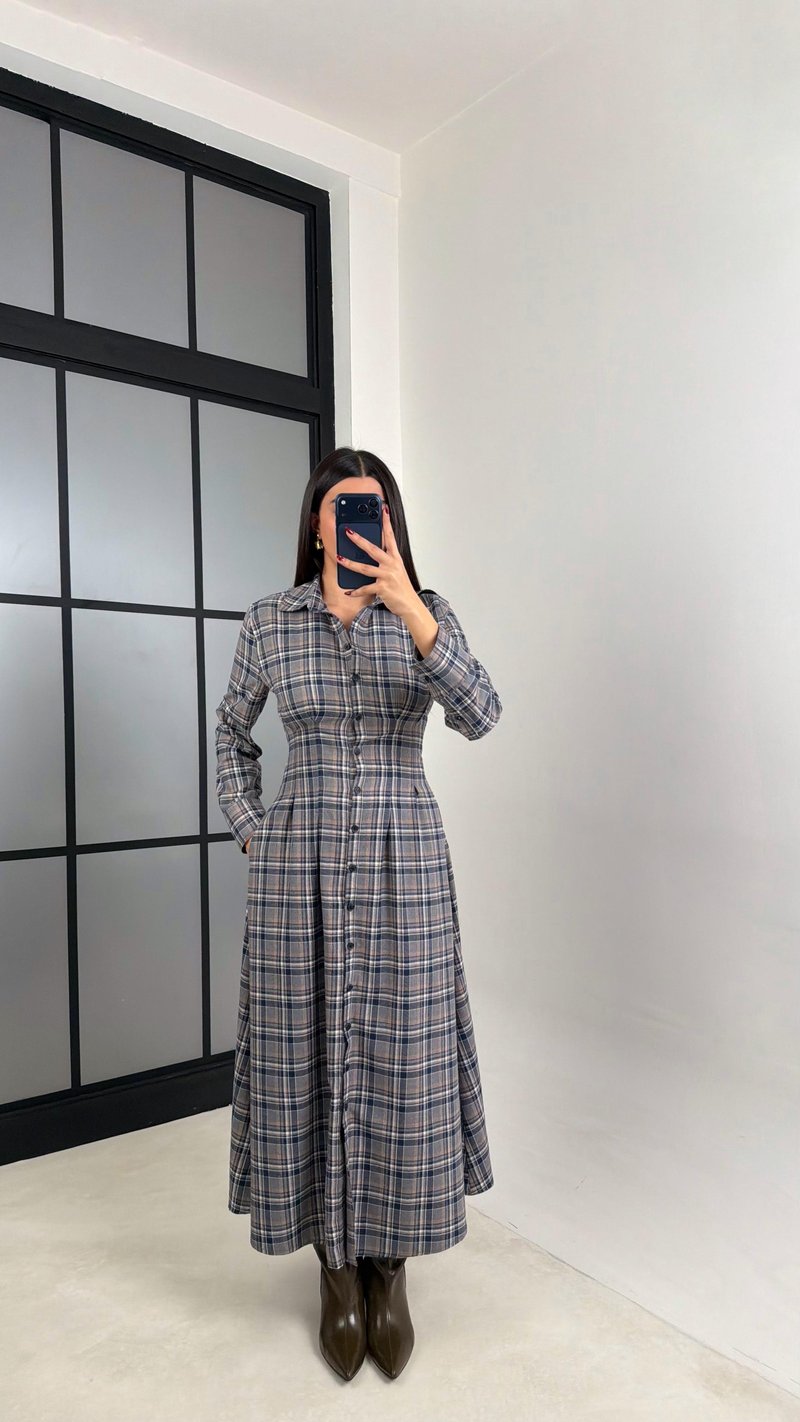 Lacivert Belden Oturtmalı Ekose Elbise GAUS-00762