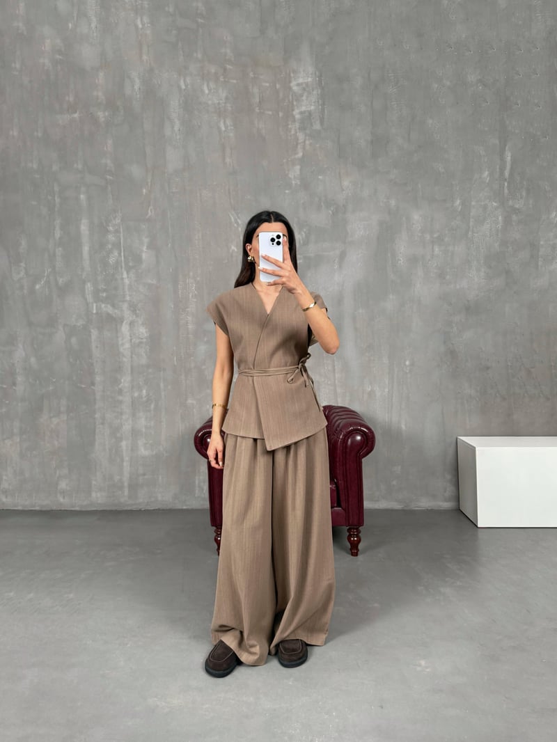 Kely Mink Lined Belted Vest Pants Linen Set 