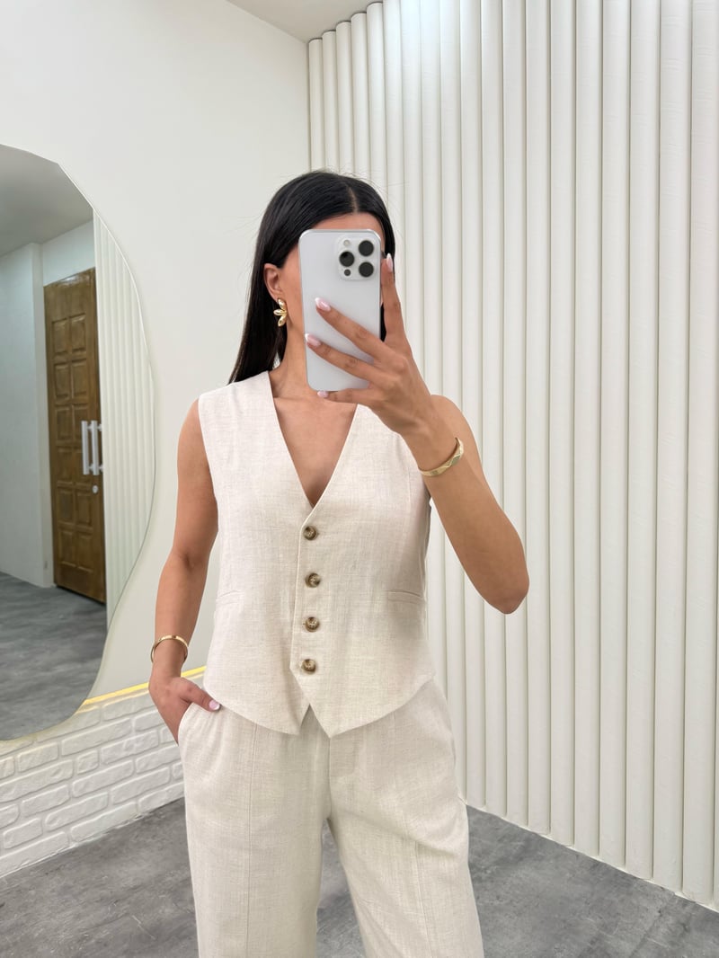 Taş Yelekli Beli Lastikli Pantolon İkili Keten Takım Gaus00276