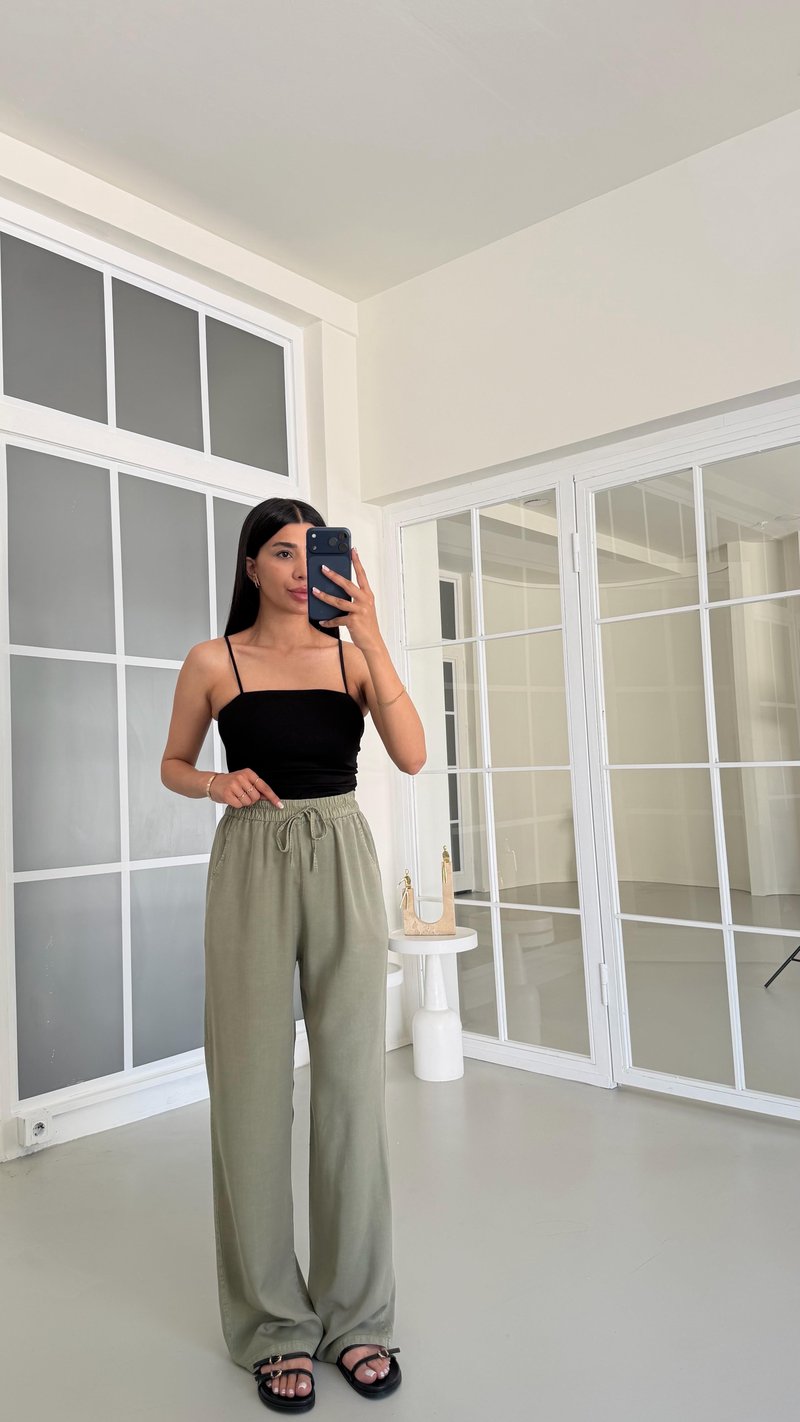 Yeşil Yıkamalı Beli Lastikli Tencel Pantolon GAUS-01678