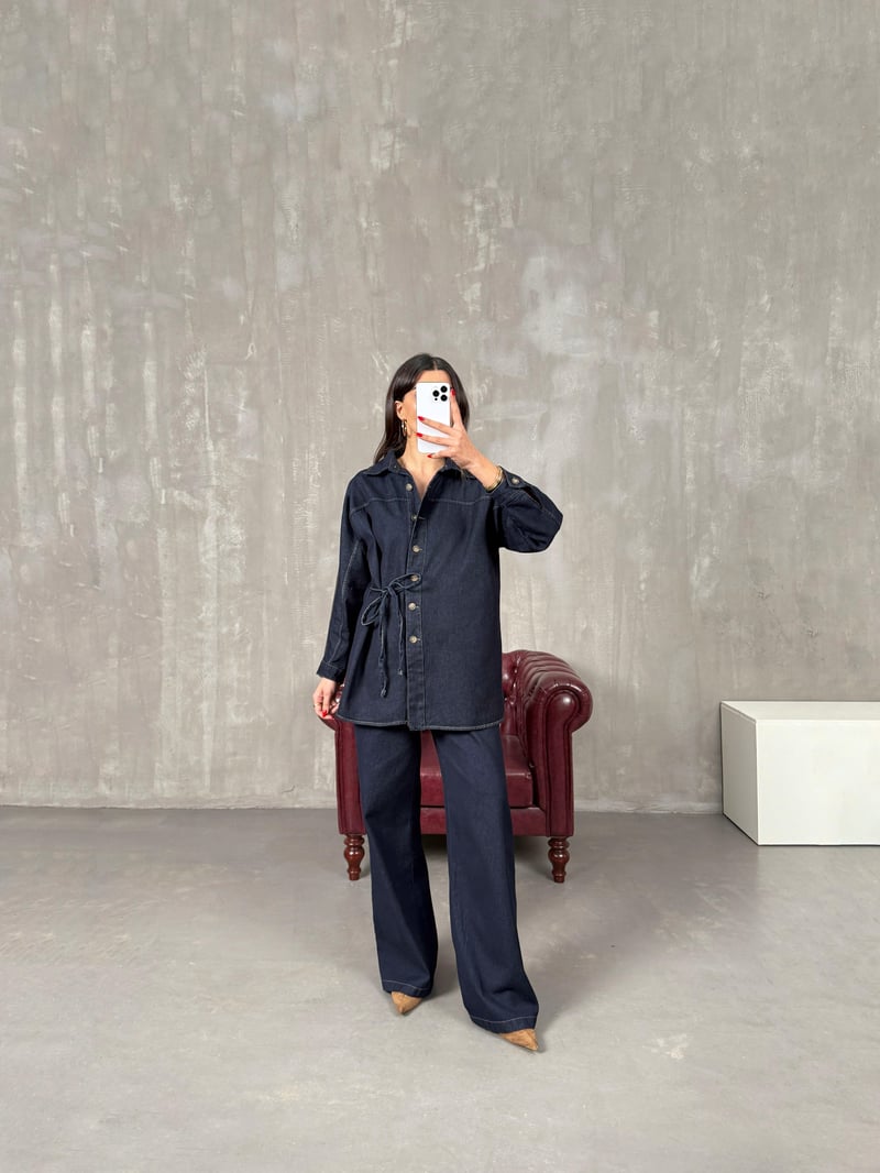 Tasira Lacivert Düğmeli Bağlamalı Tasarım Denim Takım
