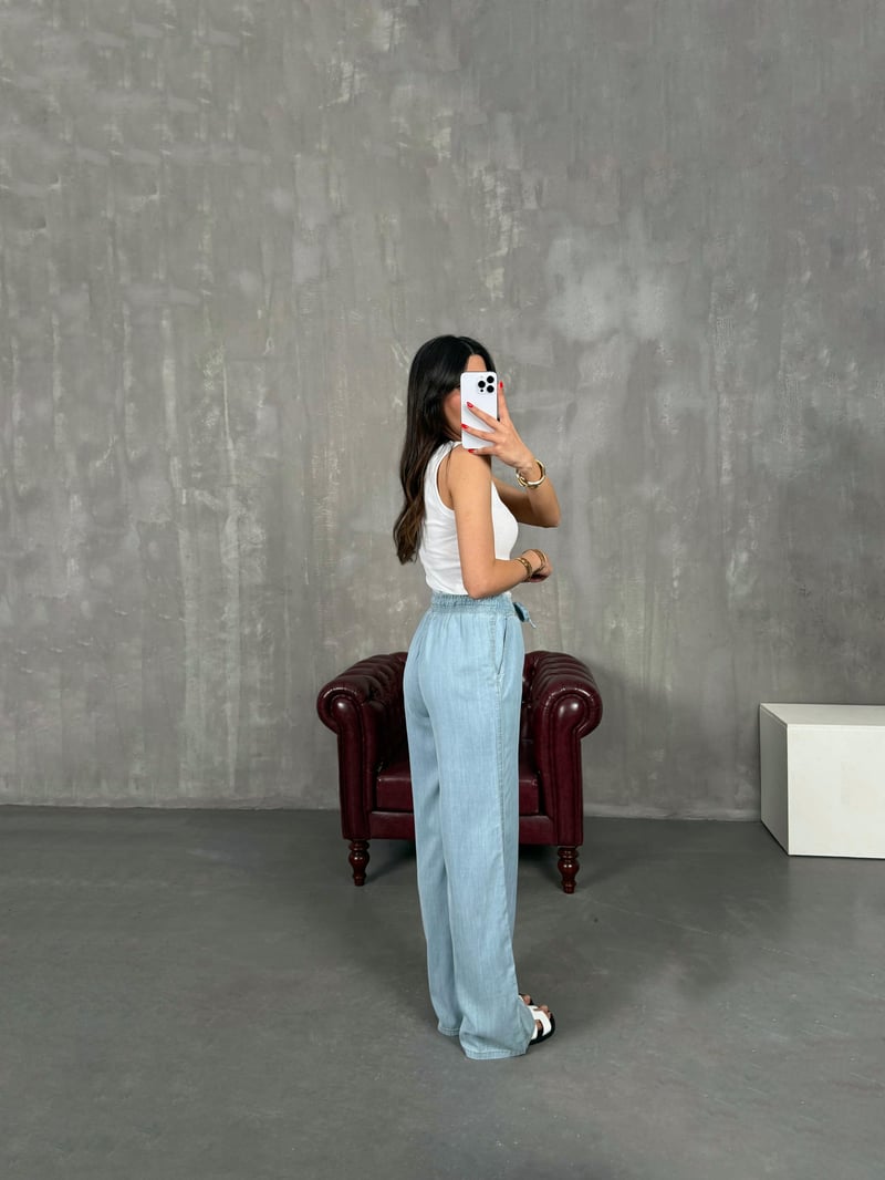Açık Mavi Beli Lastikli İnce Denim Pantolon Gaus00203
