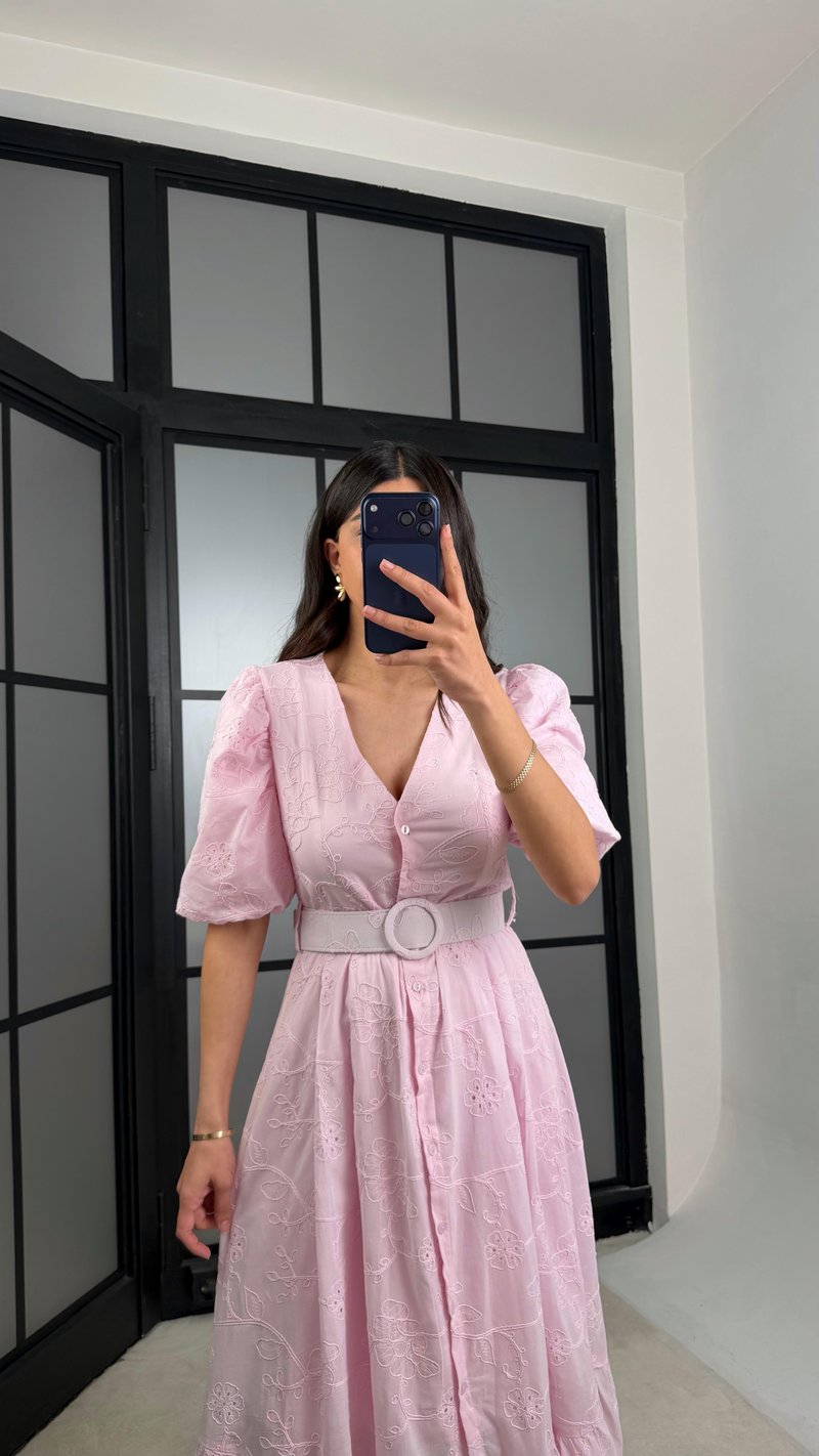 Pembe Çiçek Nakışlı Kemerli Pinterest Elbise GAUS-01342