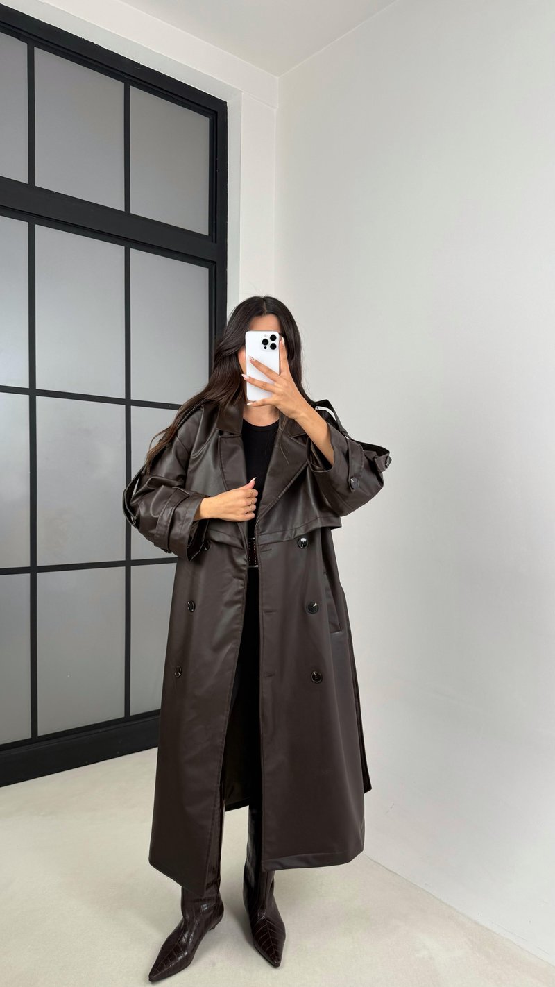 Kahve Kuşaklı Astarlı Premium Deri Trençkot GAUS-00127