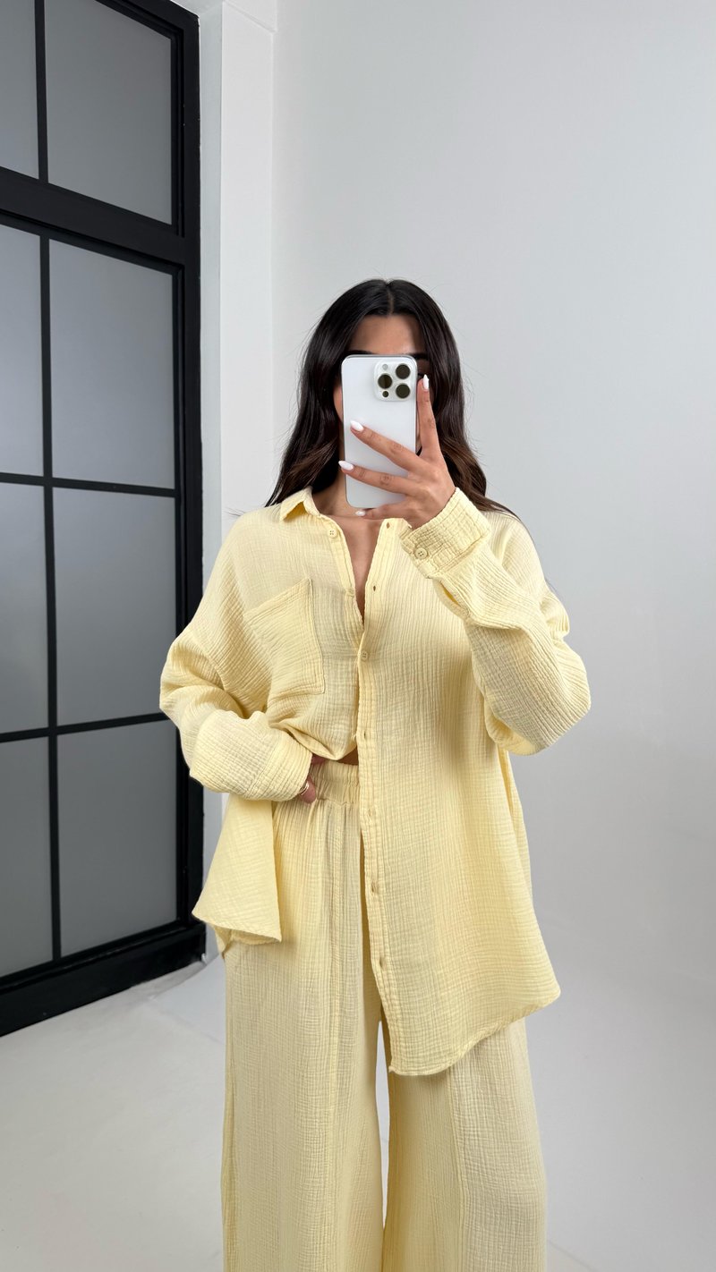 Sarı Önü Düğmeli Cepli Gömlek Beli Lastikli Pantolon Müslin Takım MSLN01 Gaus00385