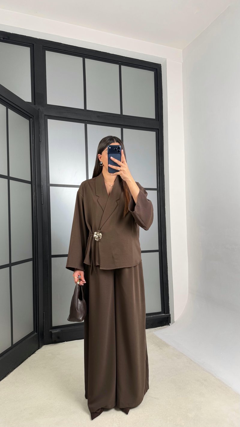 Kahve Premıum Toka Detaylı Yandan Bağlamalı Beli Lastikli Pantolon Takım GAUS-01205