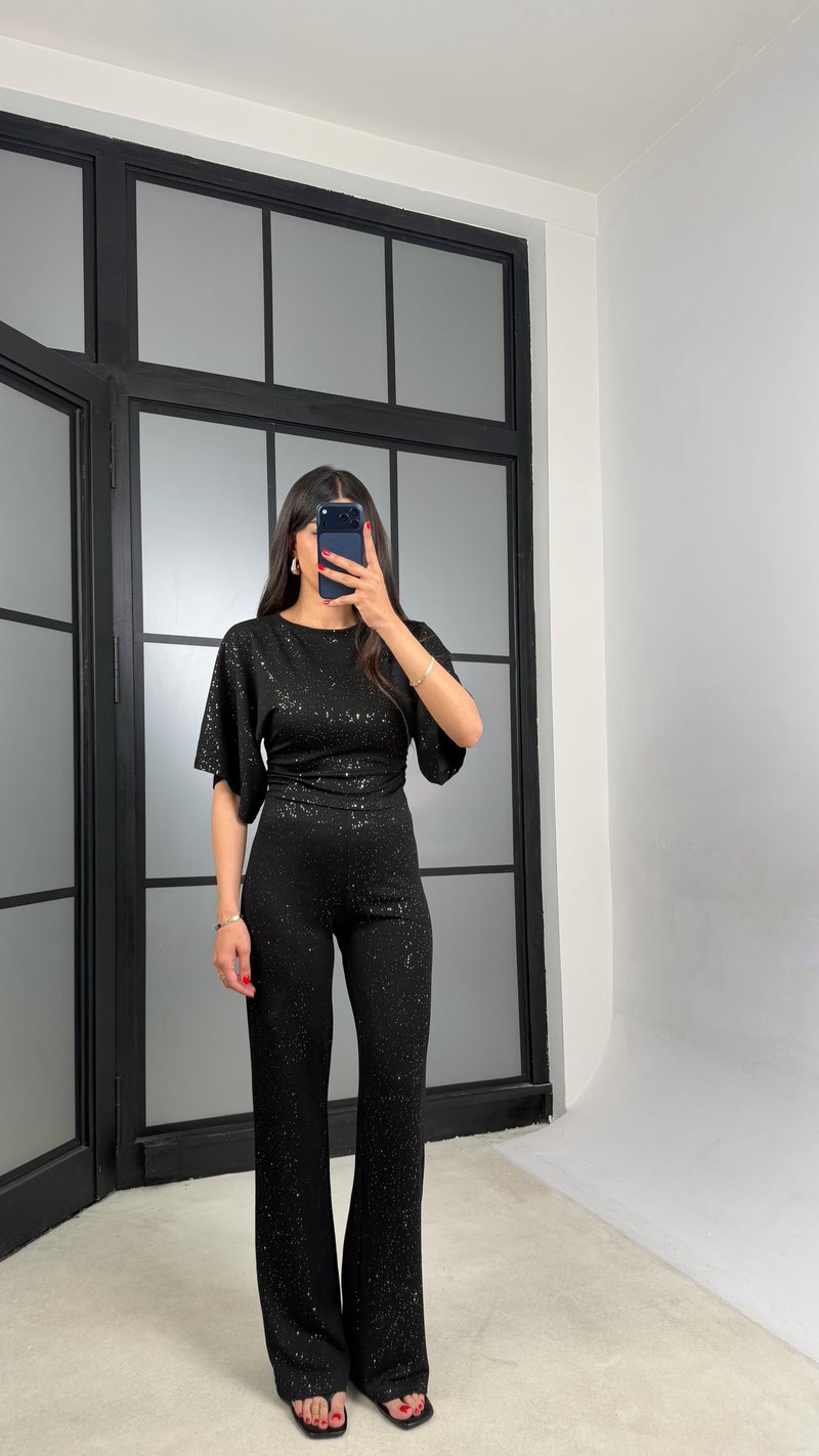 Siyah Simli Bluz Beli Lastikli Pantolon İkili Takım GAUS-01554