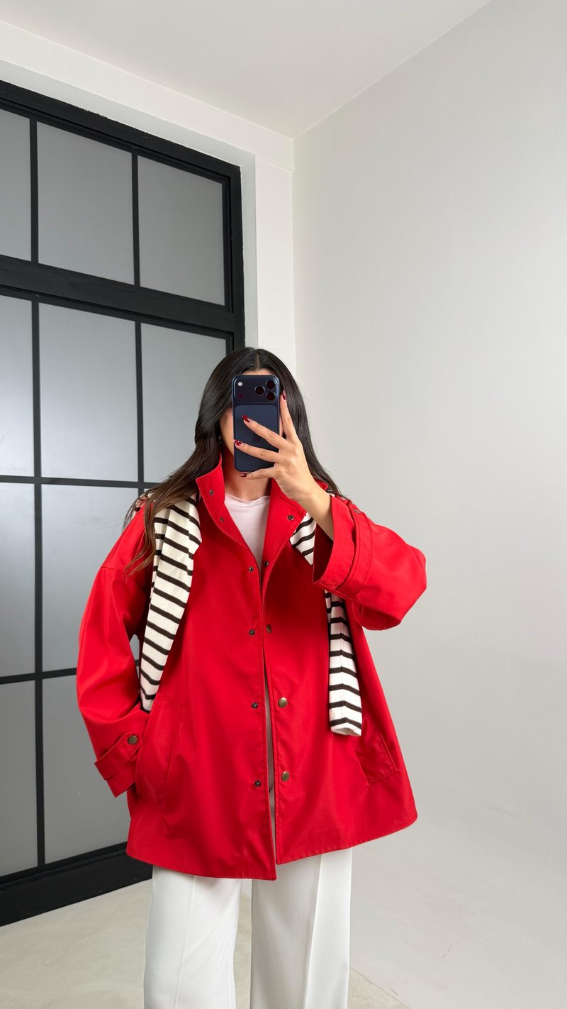 Kırmızı Çıtçıt Düğmeli Astarlı Oversize Premium Ceket GAUS-00794