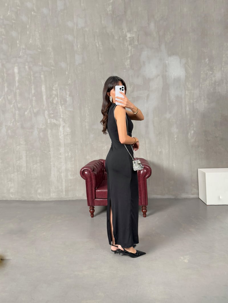 Helena Siyah ZR Model Drapeli Astarlı Elbise