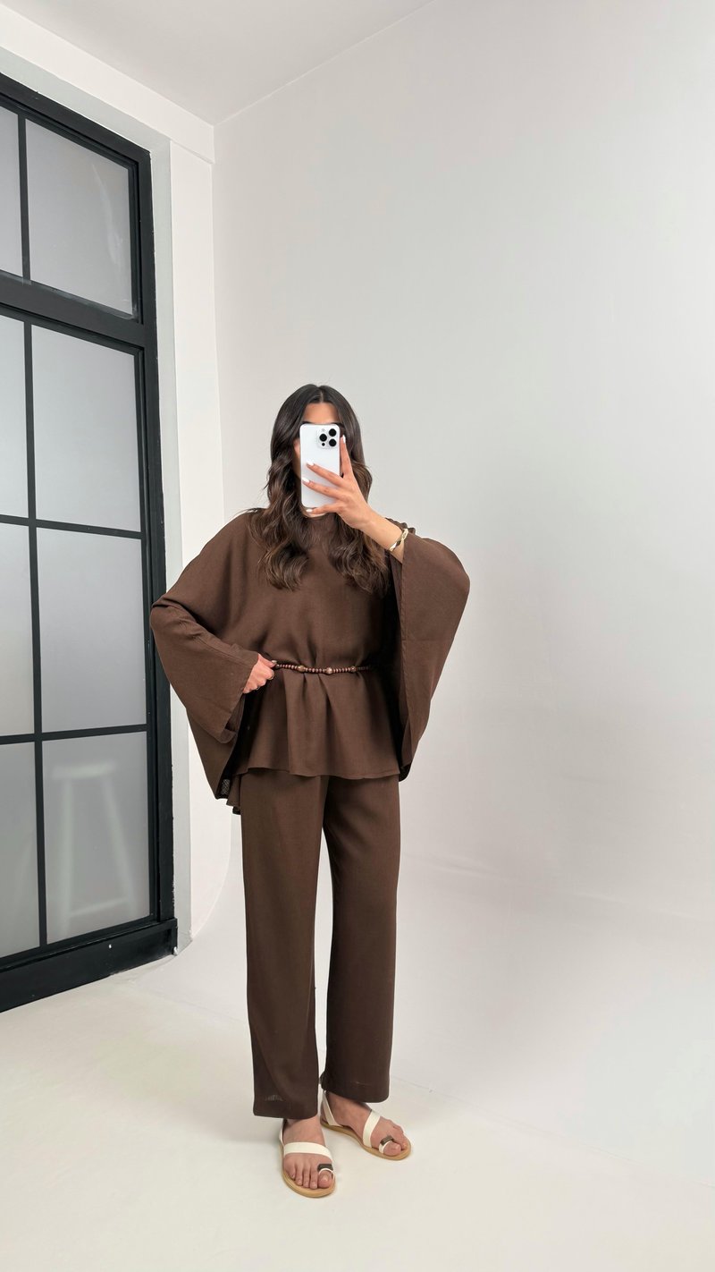Kahve Boncuk Kuşaklı Bağlamalı Panço Üst Pantolon İkili Keten Takım Gaus00338