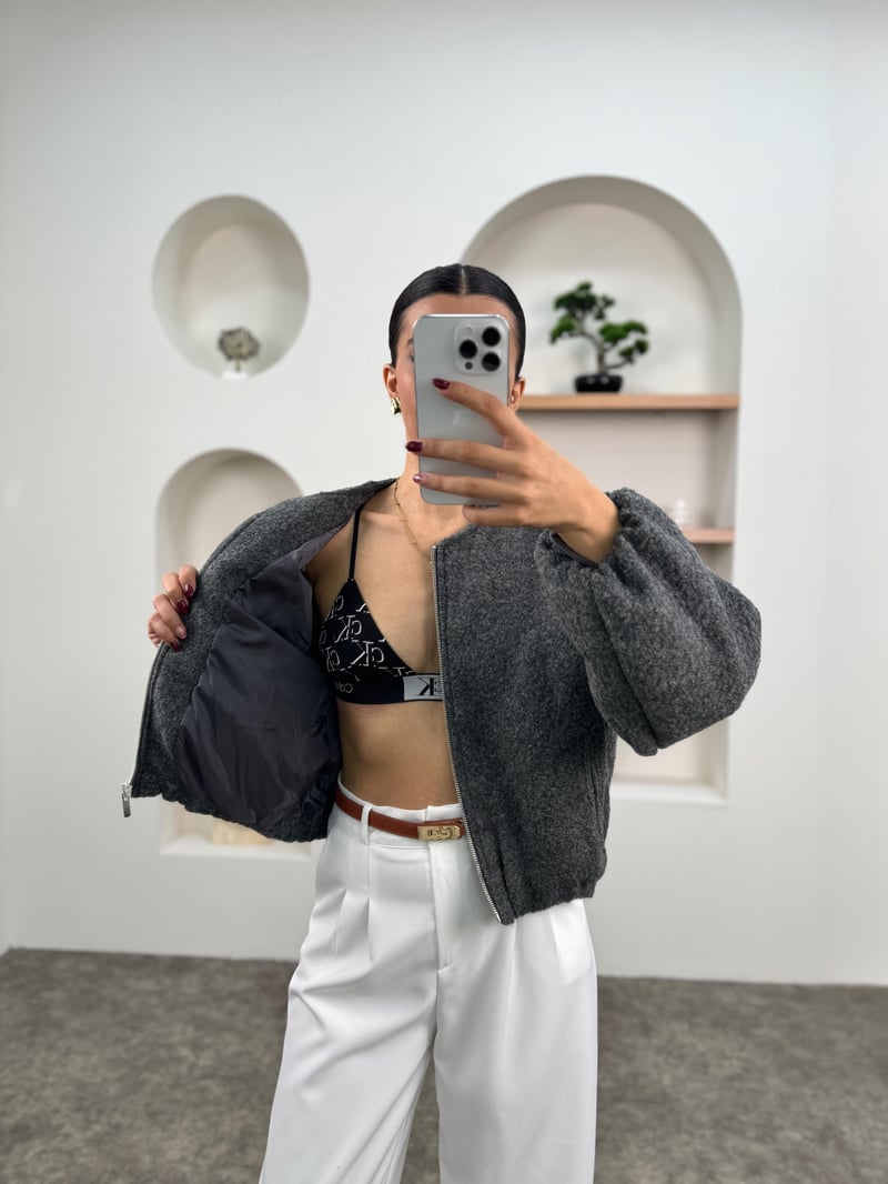 Betty Antrasit ZR Model Balon Kollu Astarlı Kaşe Bomber Ceket
