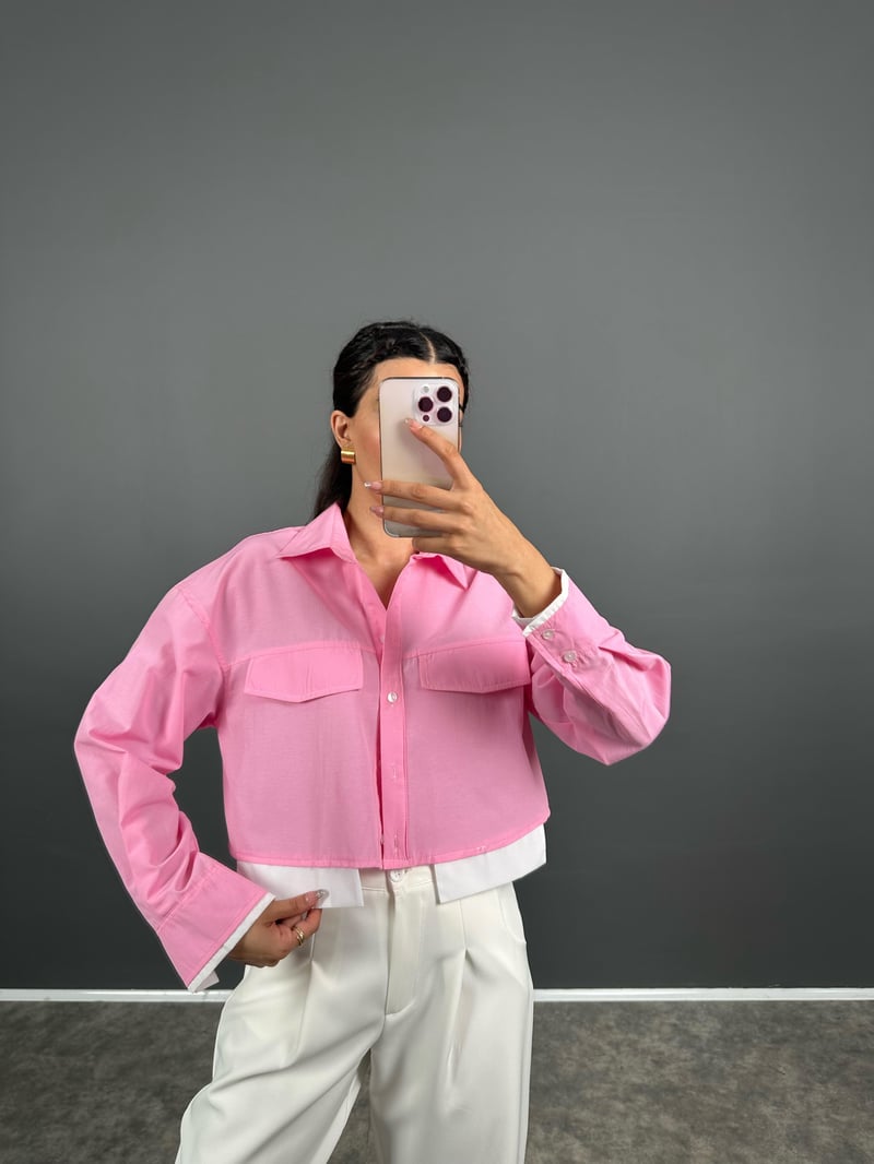 Ojit Pembe Çift Cepli Kısa Gömlek
