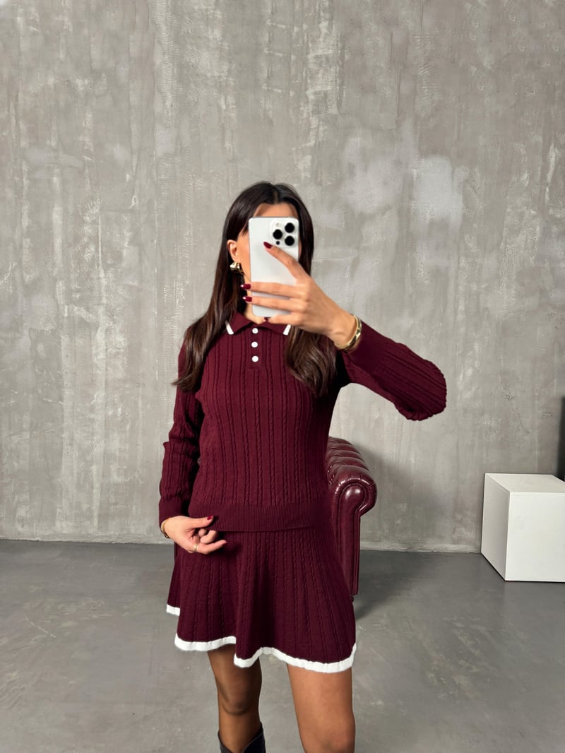 Picas Bordo Polo Yaka Triko Kazak Etek Takım