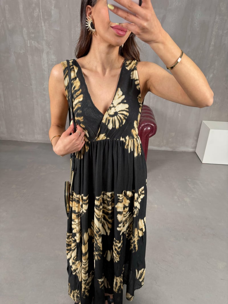Siyah Leopar Desenli Beli Lastikli Elbise Gaus00113