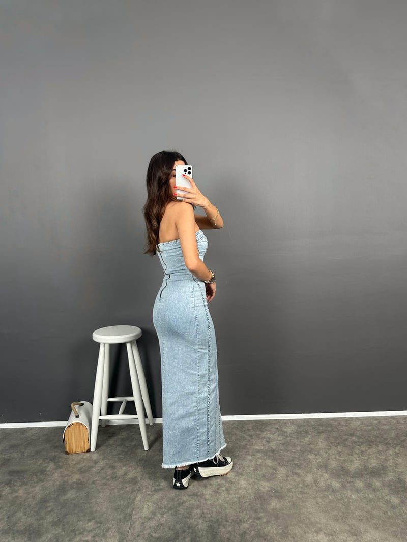 Straplez Fermuarlı Light Blue Denim Elbise