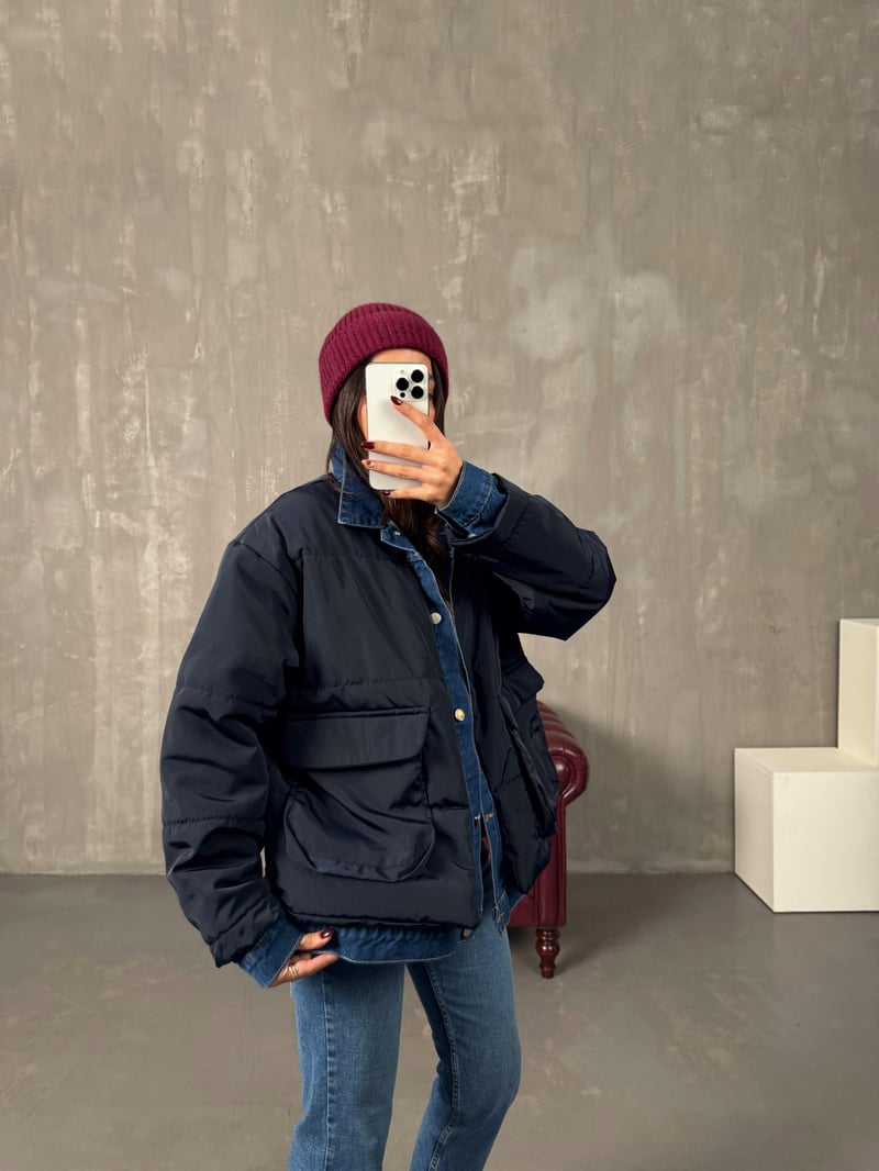 Jovi Lacivert Denim Detaylı Astarlı Tasarım Şişme Mont