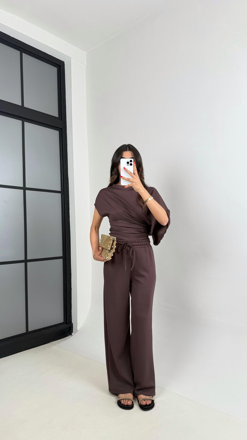 Acı Kahve Yarasa Kol Bluz Beli Lastikli Pantolon Tasarım Modal Kumaş Takım Gaus00490
