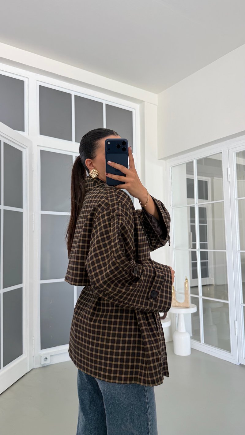 Kahve Astarlı Ekose Desenli Kuşaklı Premium Trençkot GAUS-01895
